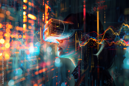 Financial data is transformed into abstract art through immersive virtual reality technology  with a user wearing VR headgear  surrounded by an ethere