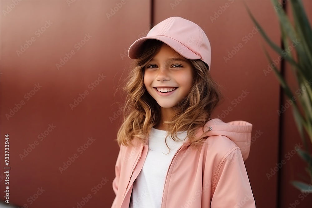 Outdoor fashion portrait of pretty little girl wearing pink cap and coat Outdoor fashion portrait of pretty little girl wearing pink cap and coat