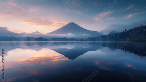Peaceful dawn with reflective lake at the foot of a volcanic mountain