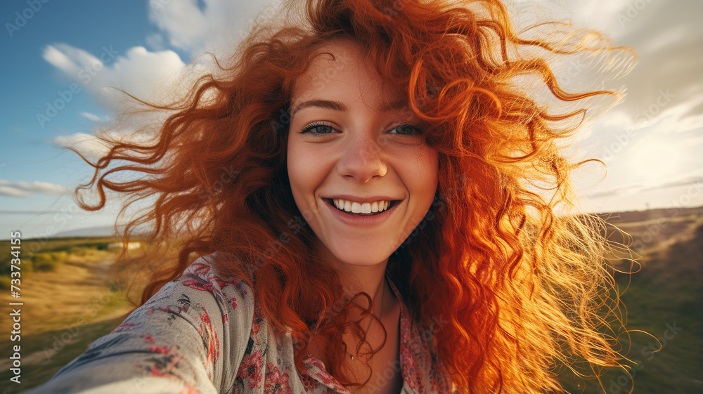 Portrait of smiling young woman on the beach. Happy young woman smiling while walking by seashore on sunny day. Smiling girl enjoying vacation on the beach near the ocean. Travel banner.