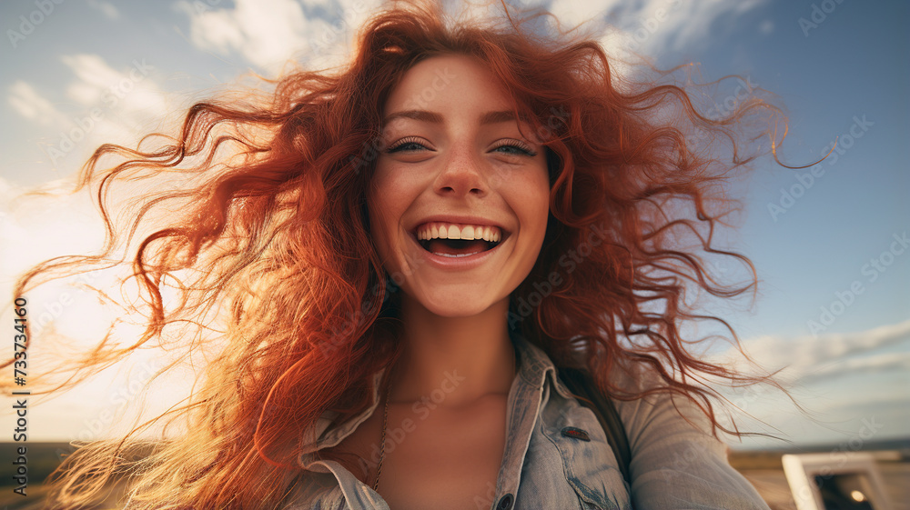 Portrait of smiling young woman on the beach. Happy young woman smiling while walking by seashore on sunny day. Smiling girl enjoying vacation on the beach near the ocean. Travel banner.