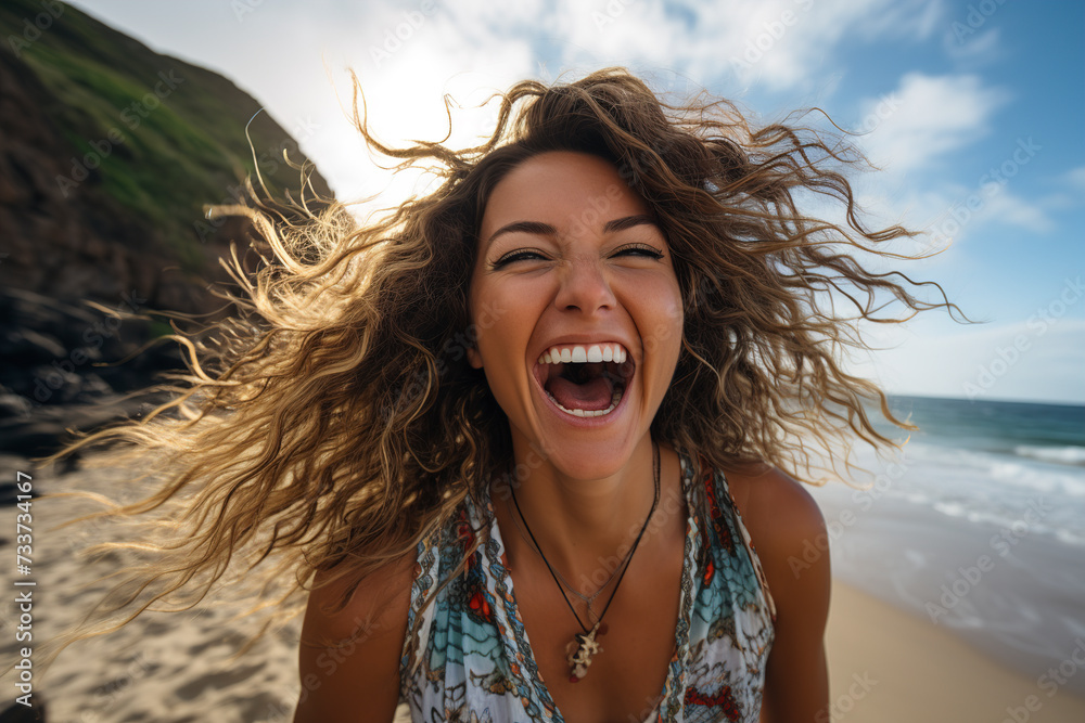 Portrait of smiling young woman on the beach. Happy young woman smiling while walking by seashore on sunny day. Smiling girl enjoying vacation on the beach near the ocean. Travel banner.