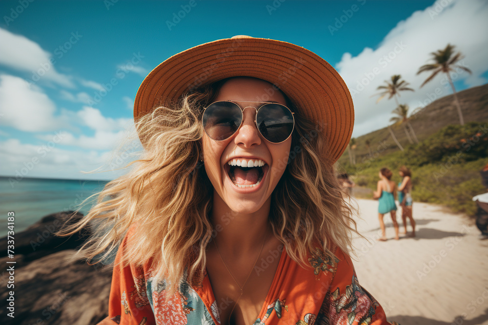 Portrait of smiling young woman on the beach. Happy young woman smiling while walking by seashore on sunny day. Smiling girl enjoying vacation on the beach near the ocean. Travel banner.