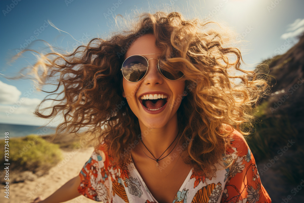 Portrait of smiling young woman on the beach. Happy young woman smiling while walking by seashore on sunny day. Smiling girl enjoying vacation on the beach near the ocean. Travel banner.