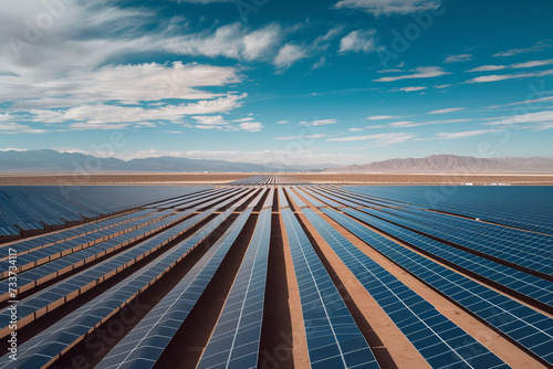 A vast solar farm with rows of photovoltaic panels  capturing the advancement of renewable energy with a wide-angle lens and focus on symmetry and scale.