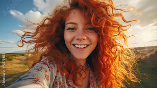 Obraz na płótnie Portrait of smiling young woman on the beach. Happy young woman smiling while walking by seashore on sunny day. Smiling girl enjoying vacation on the beach near the ocean. Travel banner. w salonie