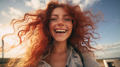 Obraz na płótnie Portrait of smiling young woman on the beach. Happy young woman smiling while walking by seashore on sunny day. Smiling girl enjoying vacation on the beach near the ocean. Travel banner. w salonie