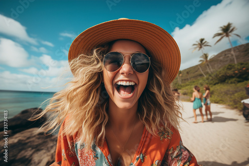 Obraz na płótnie Portrait of smiling young woman on the beach. Happy young woman smiling while walking by seashore on sunny day. Smiling girl enjoying vacation on the beach near the ocean. Travel banner. w salonie
