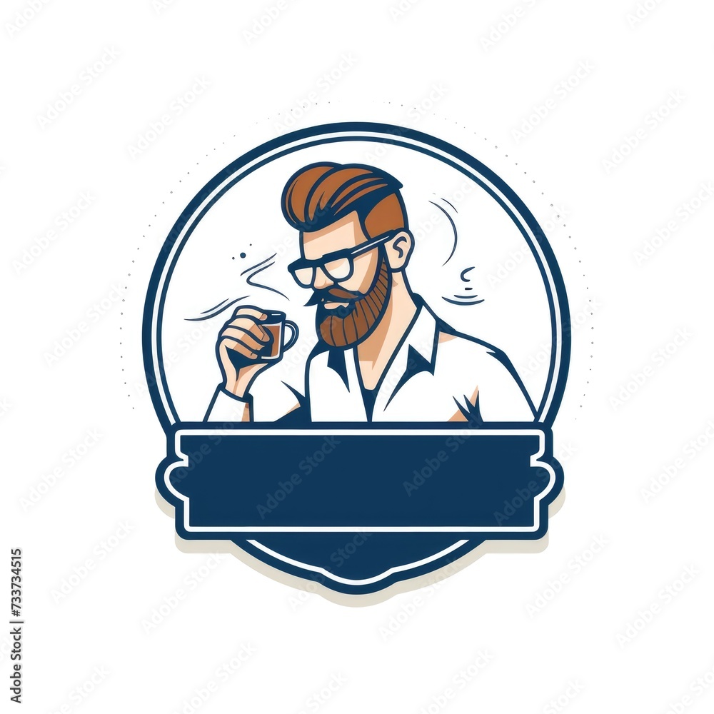 graphic logo of barista with cup of coffee on white background.