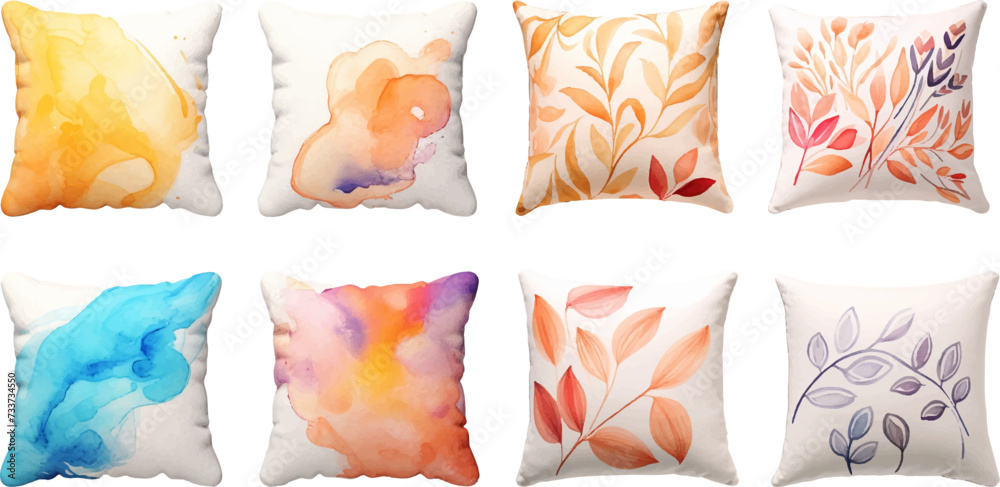 Fototapeta premium Set of watercolor pillows on a white background.