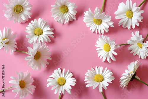 white daisy petals form a perfect circle against a backdrop of pale pink  their bright yellow centers