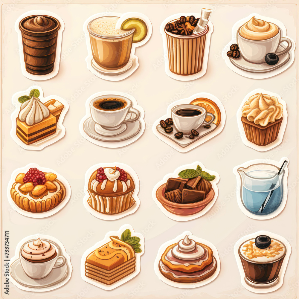 Coffee and desserts icons set. Vector illustration in retro style.