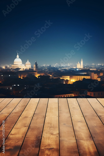 An empty wooden table for product presentation, mockup, overlooking a blurry cityscape at night