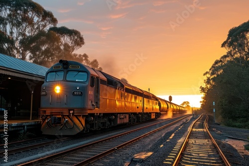 Coal train passing Singleton station at sunrise