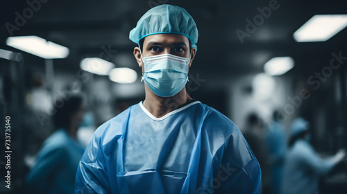 Surgeon wearing a coat, hat, and mask, ready to work and with a serious look on his face. photo