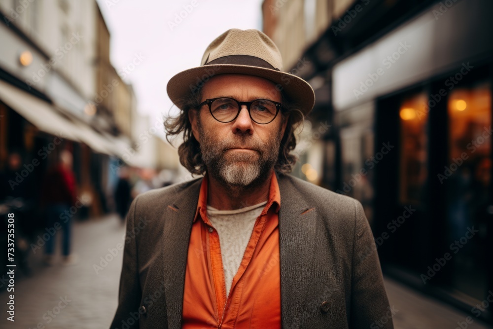 Portrait of a middle-aged man in a hat and glasses on a city street.