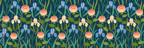Fashion floral pattern. Irises and other spring flowers and leaves on dark background. Floral print.