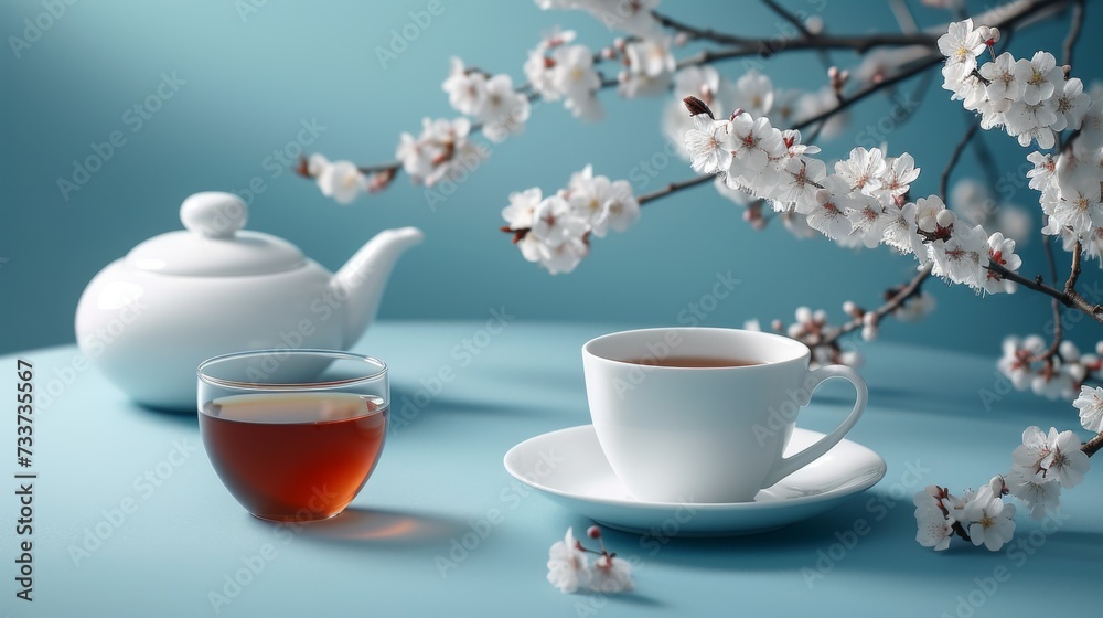 Cup of tea and teapot with cherry blossom on blue background