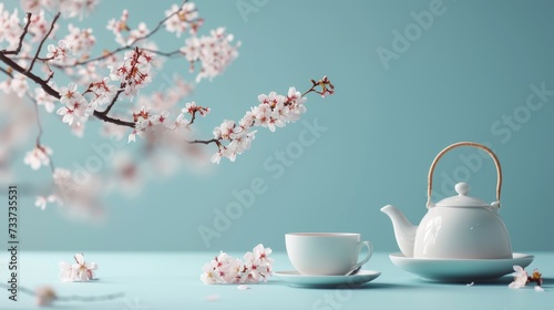 Cup of tea and teapot with cherry blossom on blue background
