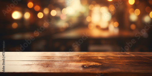 Empty wooden table with blurred background of beer bar or beer cafe.