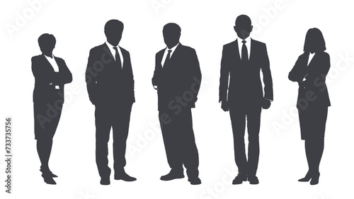 Business people group gray silhouettes pose on white background, flat line vector and illustration.