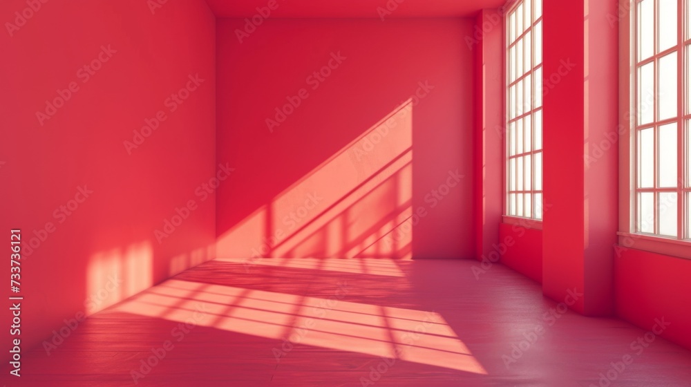 Empty space in red color. Studio room with window Empty space in red color. Studio room with window