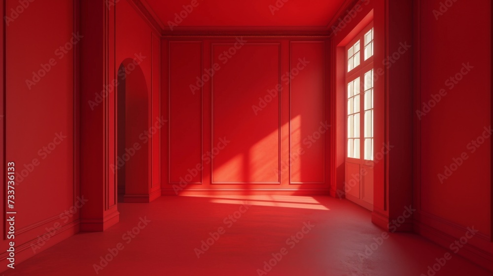 Empty space in red color. Studio room with window Empty space in red color. Studio room with window