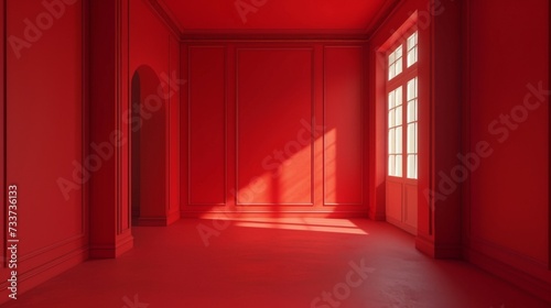 Empty space in red color. Studio room with window
