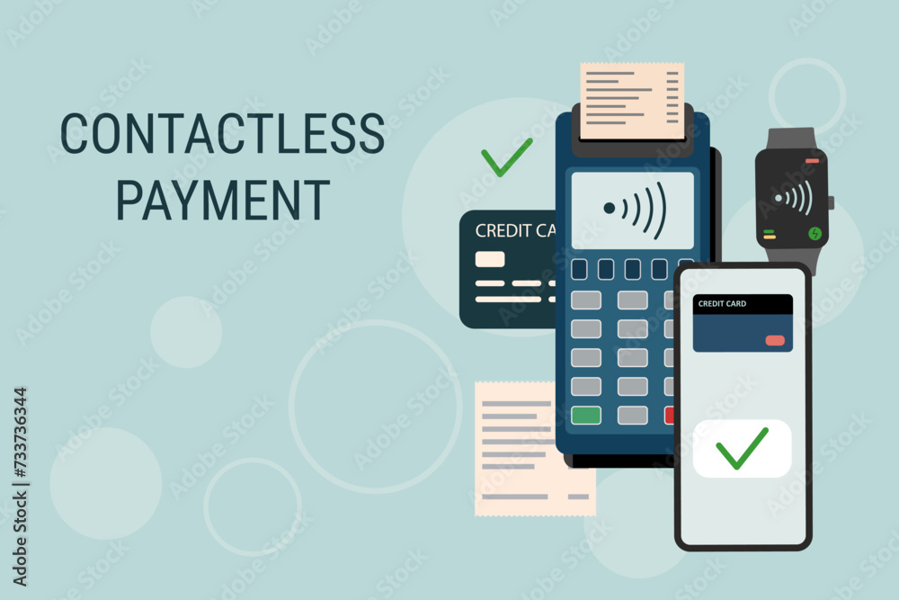 Contactless payment background. Set of objects for wireless payment. Payment terminal, phone, credit cards, smart watch, receipt. Technology concept. Contactless payment background. Set of objects for wireless payment. Payment terminal, phone, credit cards, smart watch, receipt. Technology concept.