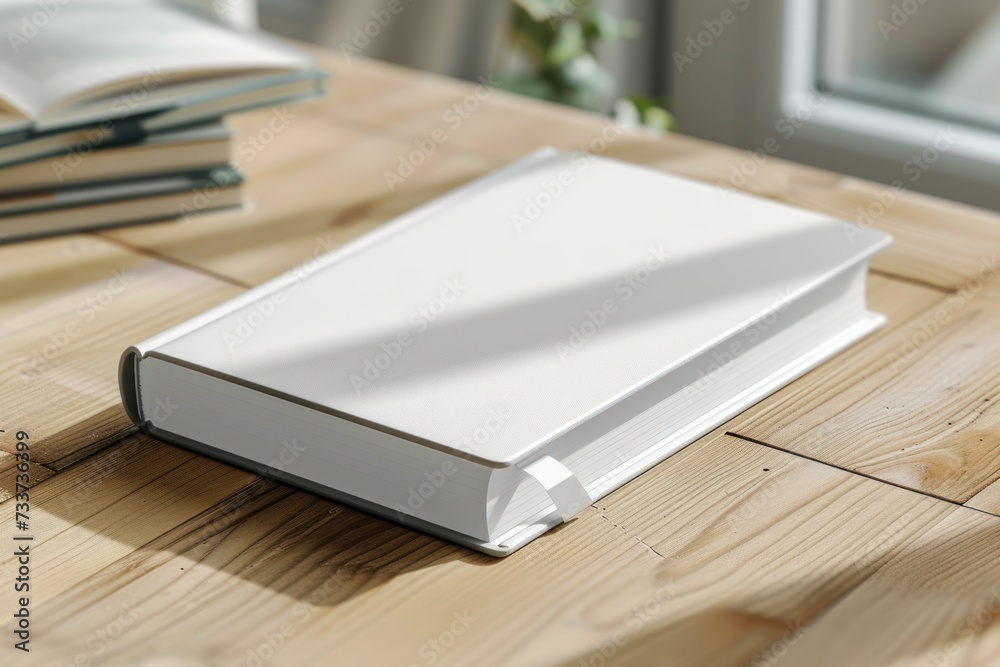 Blank photorealistic notebook mockup on light grey background, front view with label.