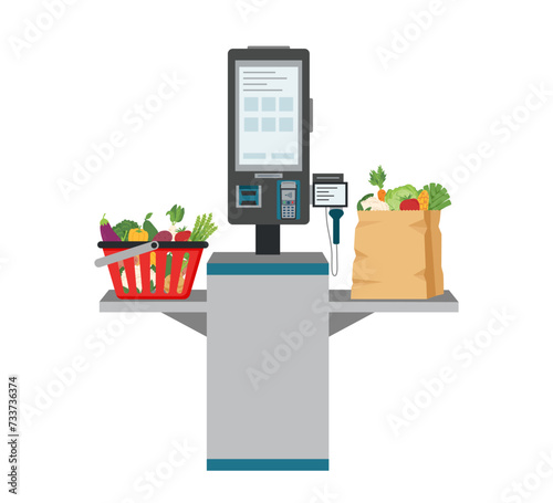 Self-service checkout with shopping bag and shopping basket full of food in the supermarket isolated on white. Self service and self payment terminal. Contactless payment.