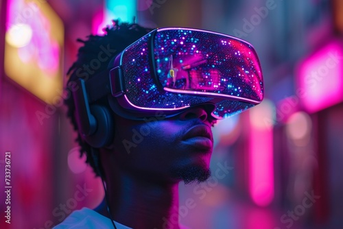 A young man wearing futuristic virtual reality glasses explores the exciting world of technology and innovation.