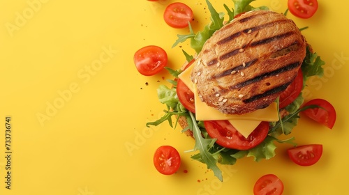 Delicious cheese sandwich on yellow background  