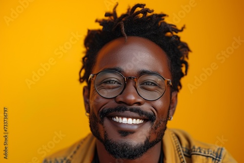 Young handsome African American man with a bright happy smile posing confidently in the studio. © Iryna