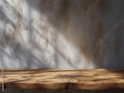 Empty table top on wall background with natural shadows - mockup for product presentation