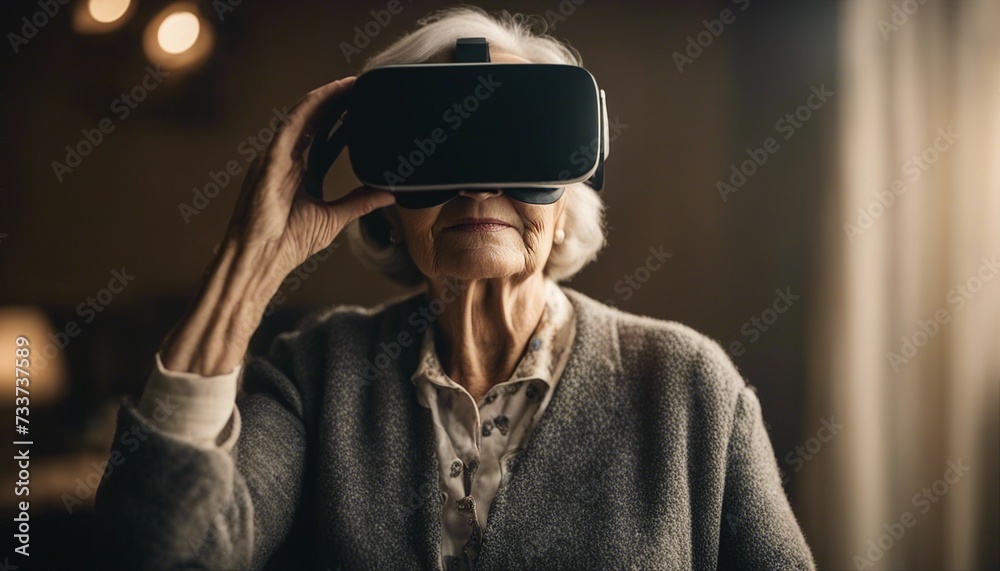 Elderly woman wearing virtual reality headset 