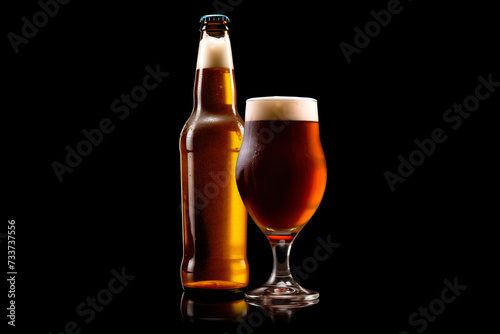 Set of Beer glasses and bottles on a black background. Mugs with drink like Ipa, Pale Ale, Pilsner, Porter or Stout
