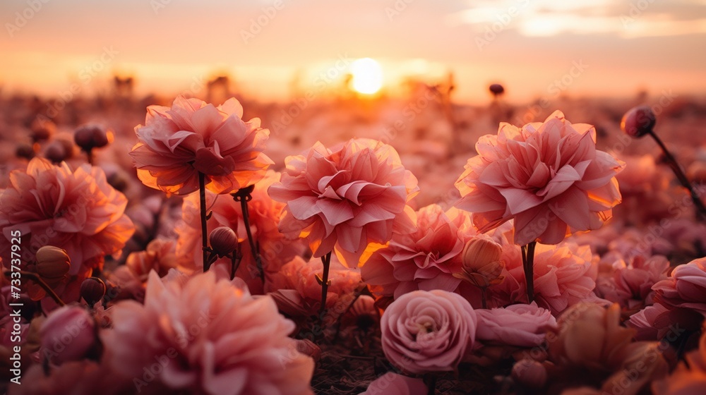 A field of pink flowers with the sun setting in front, AI