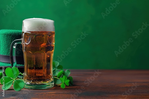 Beer glasses with leprechaun hat, shamrock clover leaves, traditional decorations for St. Patrick's Day, on green wood background. St. Patrick's Day holiday greeting card, invitation backgroun