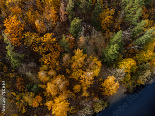 Autumn aerial look down view on river with colorful trees on riverbanks. Autumnal vibrant riverside