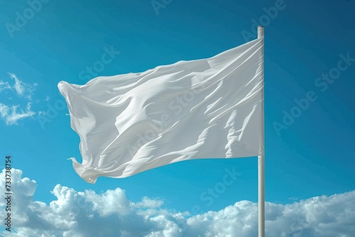 Waving white flag. Blank flag on flagpole mockup