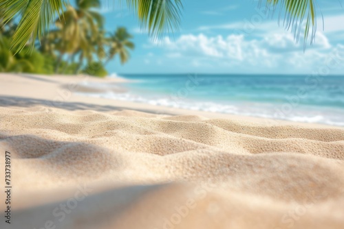 Tropical summer sand beach and palm on sea sky background  copy space. Summer vacation and travel concept.