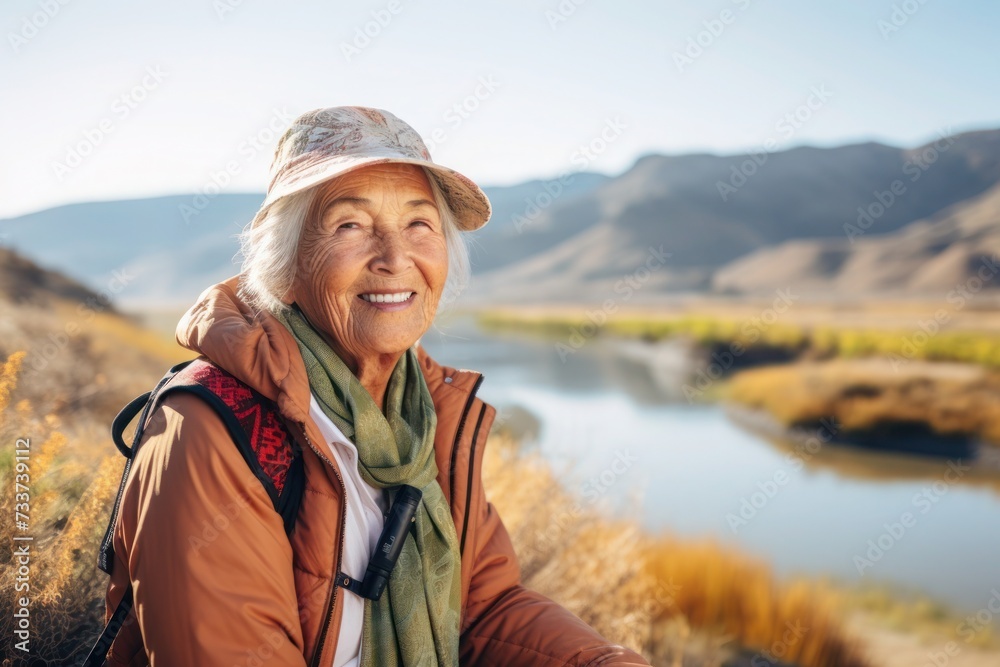 Portrait of an elderly woman outdoors, enjoying a serene moment in nature. 