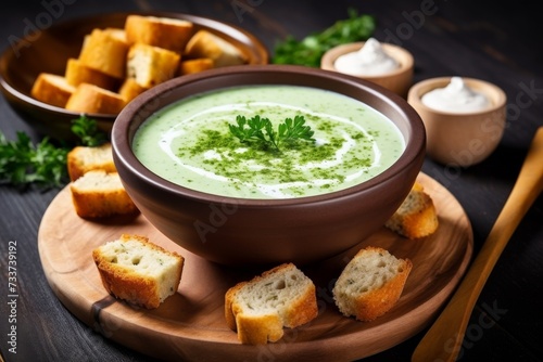 Tasty broccoli soup in a bowl with fried bread croutons and chives