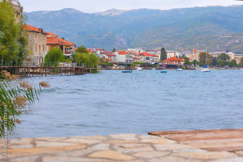 Obraz premium Lake Ohrid and city panoramic view in North Macedonia