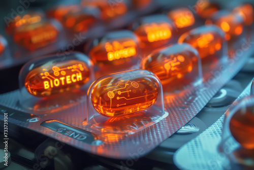 Innovation in biotechnology, microbiology, nanotechnology, glowing pills with electronic circuits in blister packagings, innovation tablet, conceptual illustration of medical progress for health