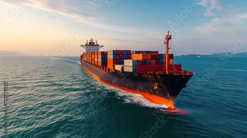 cargo container ship sailing in sea to import export goods and distributing products to dealer and consumers