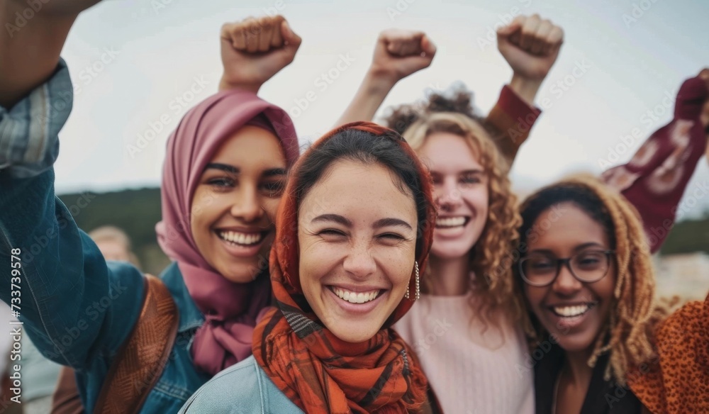 women empower Happy multiracial friends having fun smiling together in front of camera