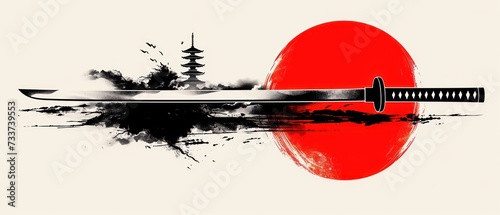 Double katana sword samurai ronin with red circle sun japanese style tattoo flat  icon design.
