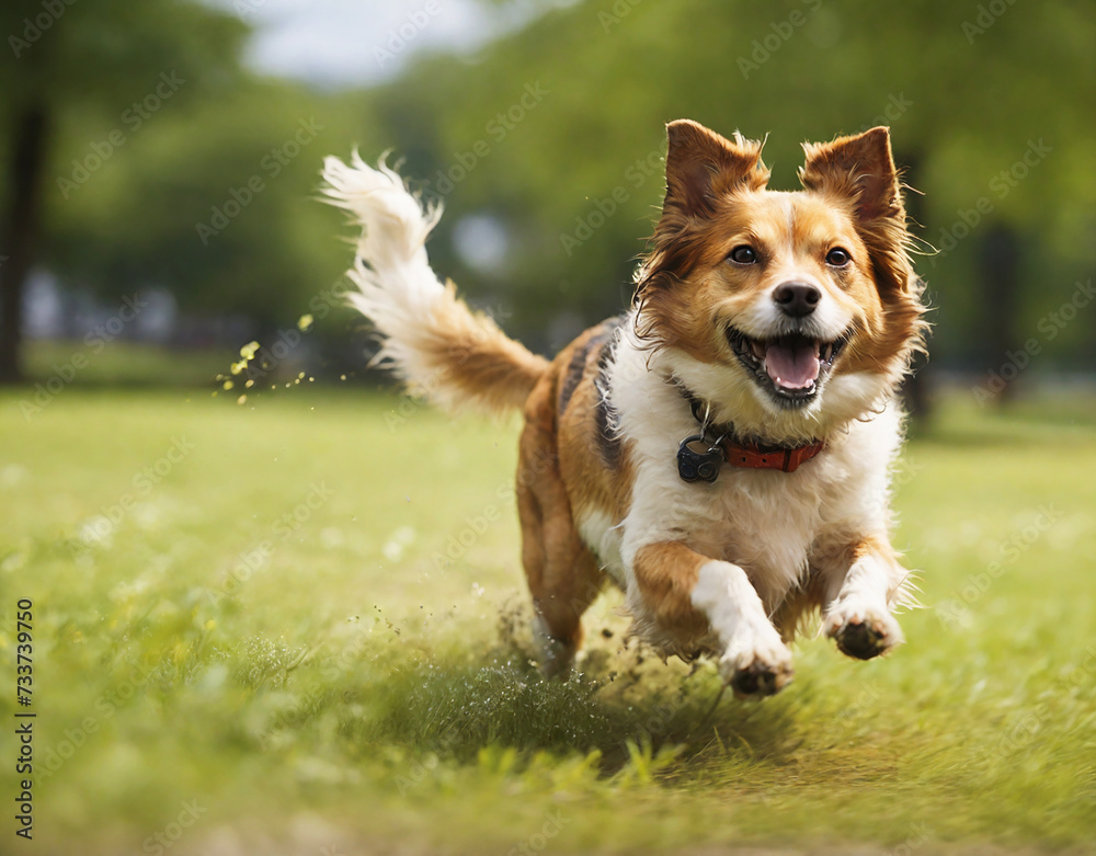 Portrait of a dog running in the park in sunny day at summer